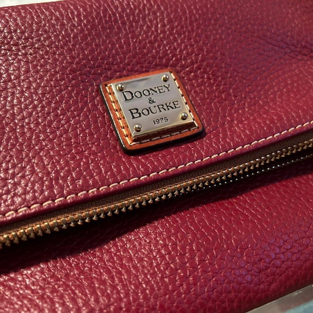 Dooney & Bourke Wine Pebble Leather Fold Over Zip Crossbody Shoulder Clutch Bag